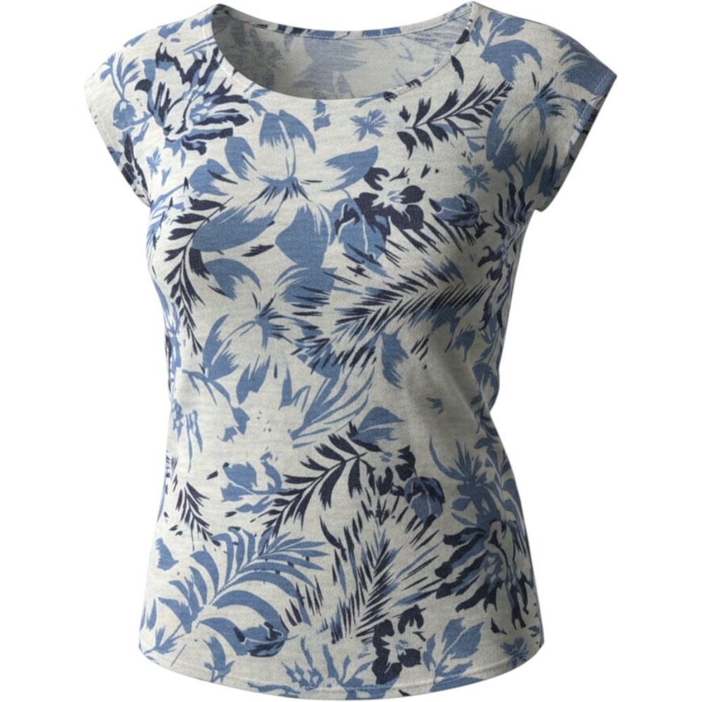 CC California Linen Floral Top Womens Large Blue White Short Sleeve Coastal Boho